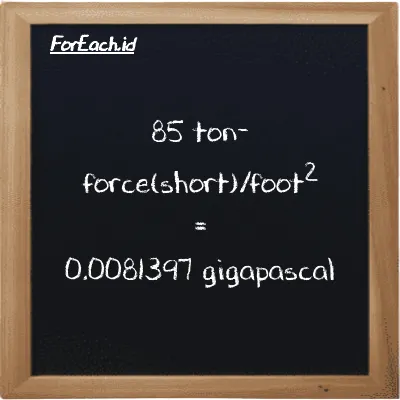 85 ton-force(short)/kaki<sup>2</sup> setara dengan 0.0081397 gigapaskal (85 tf/ft<sup>2</sup> setara dengan 0.0081397 GPa)